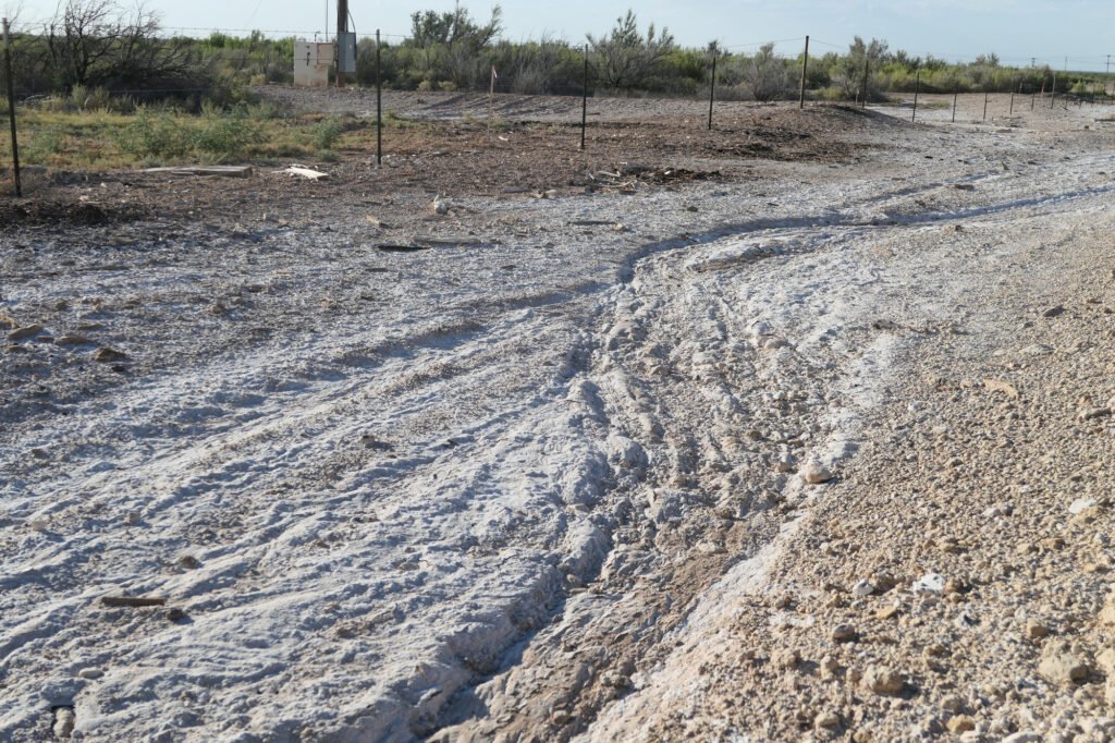 The Texon scar covers several hundred acres near Big Lake, Texas where produced water was discharged for decades. The land has still not recovered and a salty crust covers the soil, as photographed in August 2023. Credit: Martha Pskowski/Inside Climate News