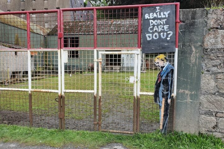 Donald Trump Likeness with a Slogan on an Abandoned Fence 