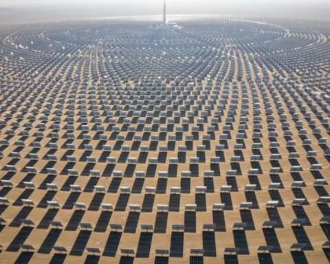 a large array of solar panels in the desert