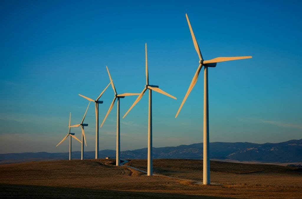 a row of wind turbines in a field