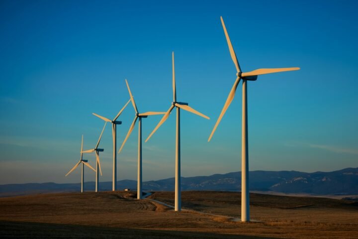 a row of wind turbines in a field