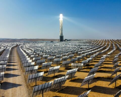 Vast array of solar panels at Ashalim Solar Plant in Israel's Negev Desert, showcasing clean energy.