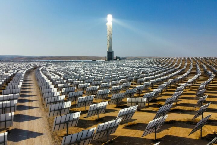 Vast array of solar panels at Ashalim Solar Plant in Israel's Negev Desert, showcasing clean energy.